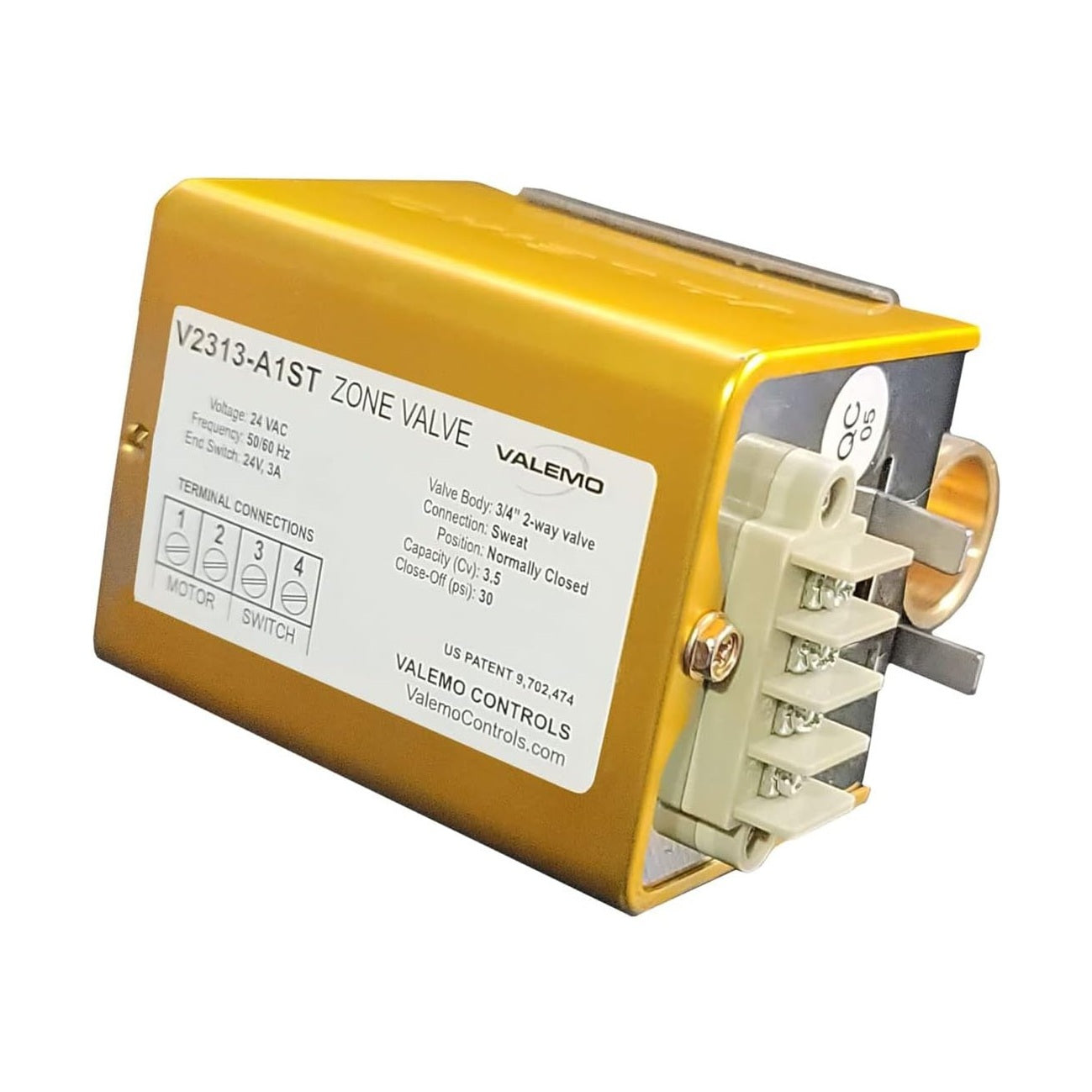 V2313-A1ST Motorized Zone Valve, 2-way, 3/4" Sweat, Normally Closed, Terminal Connections, 24 VAC with End Switch, Compatible with Honeywell V8043F