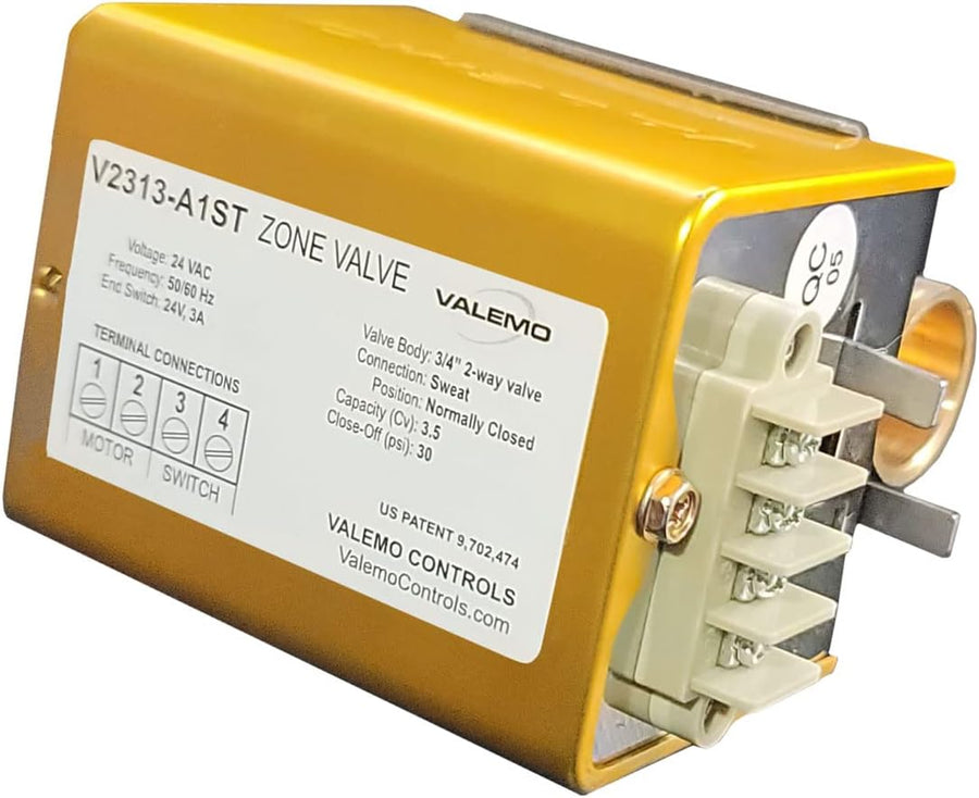 V2313-A1ST Motorized Zone Valve, 2-way, 3/4" Sweat, Normally Closed, Terminal Connections, 24 VAC with End Switch, Compatible with Honeywell V8043F