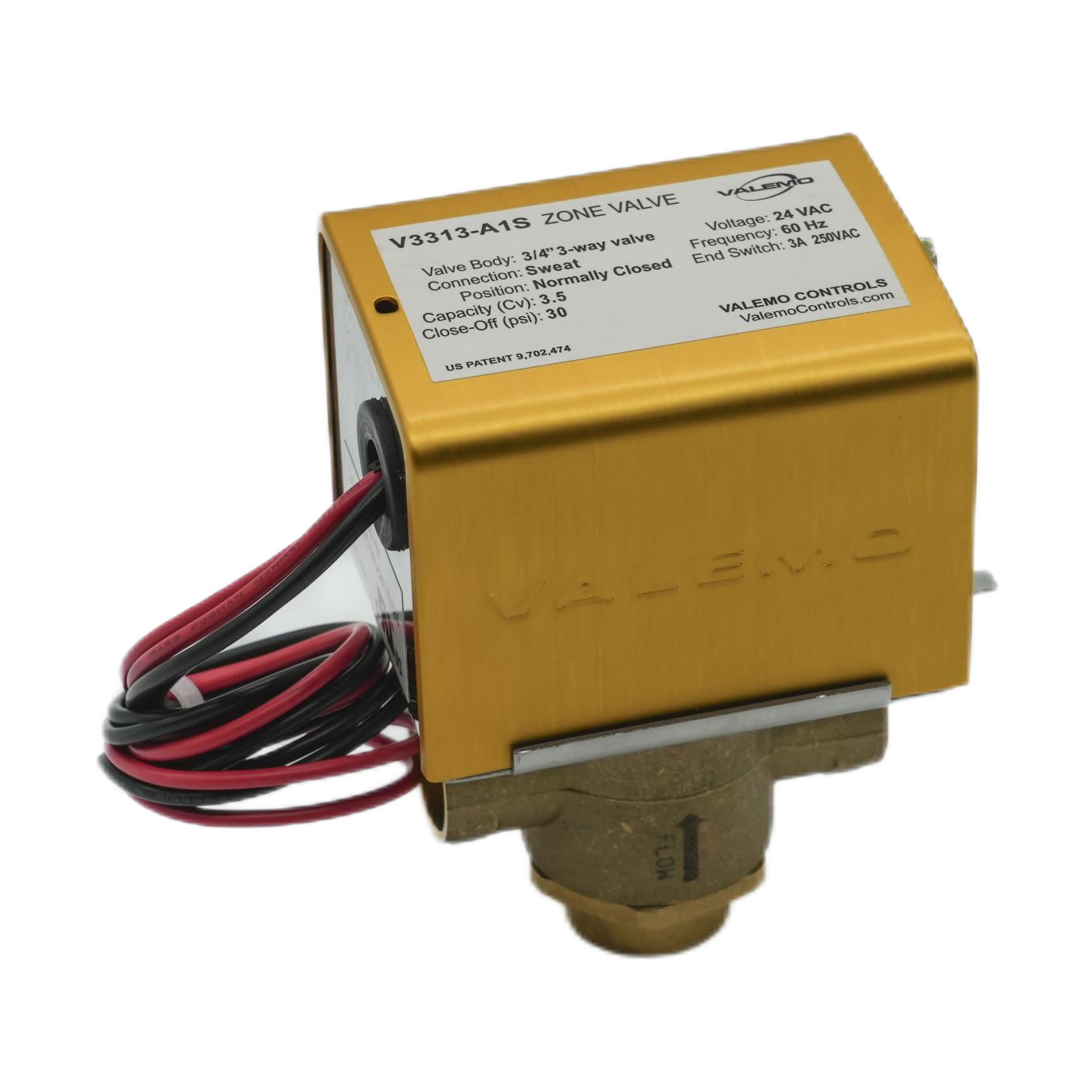 CASE of (12) V3313-A1S Motorized Zone Valve, 3-way, 3/4" Sweat, 24 VAC with End Switch