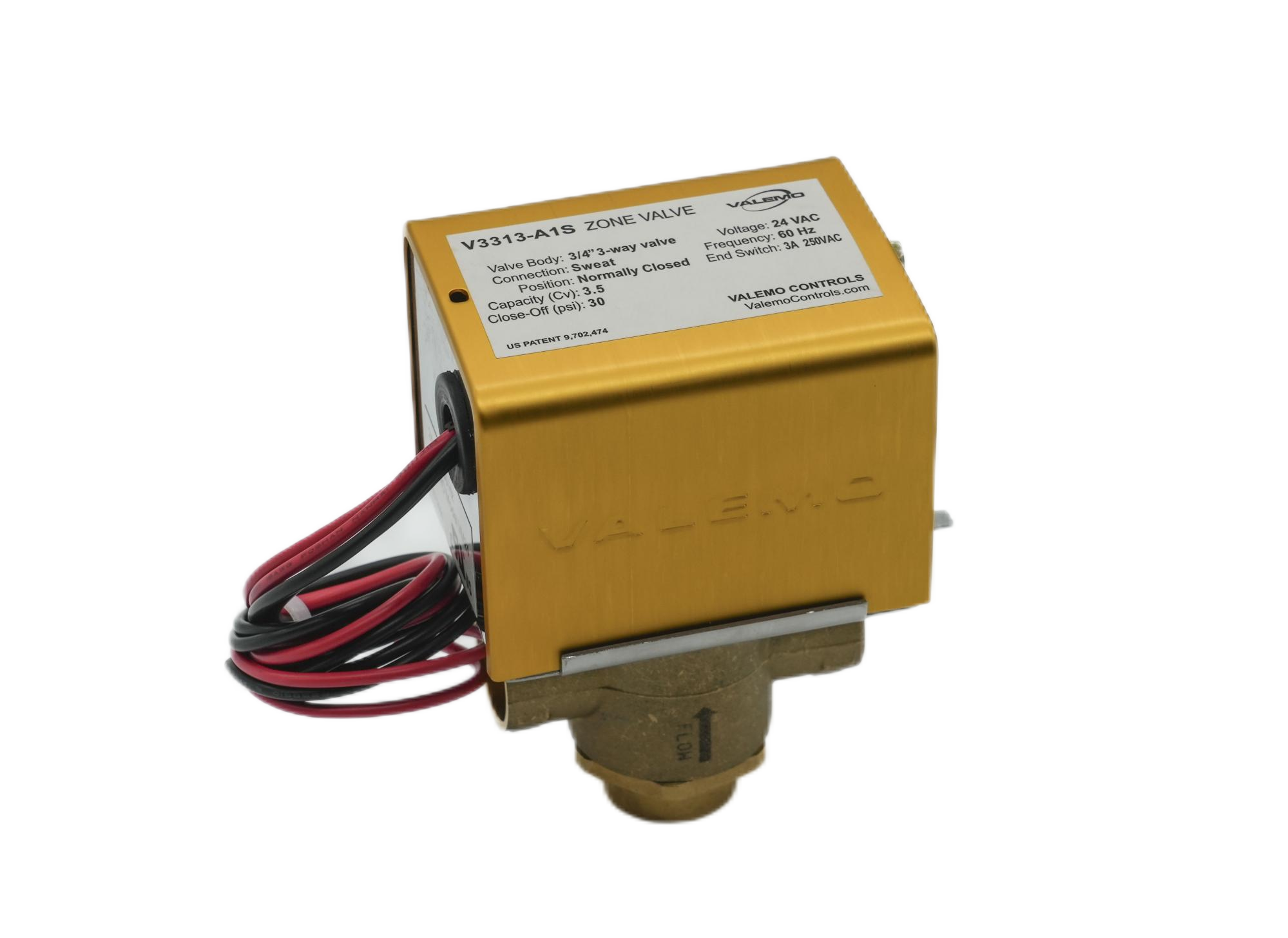 CASE of (12) V3313-A1S Motorized Zone Valve, 3-way, 3/4" Sweat, 24 VAC with End Switch