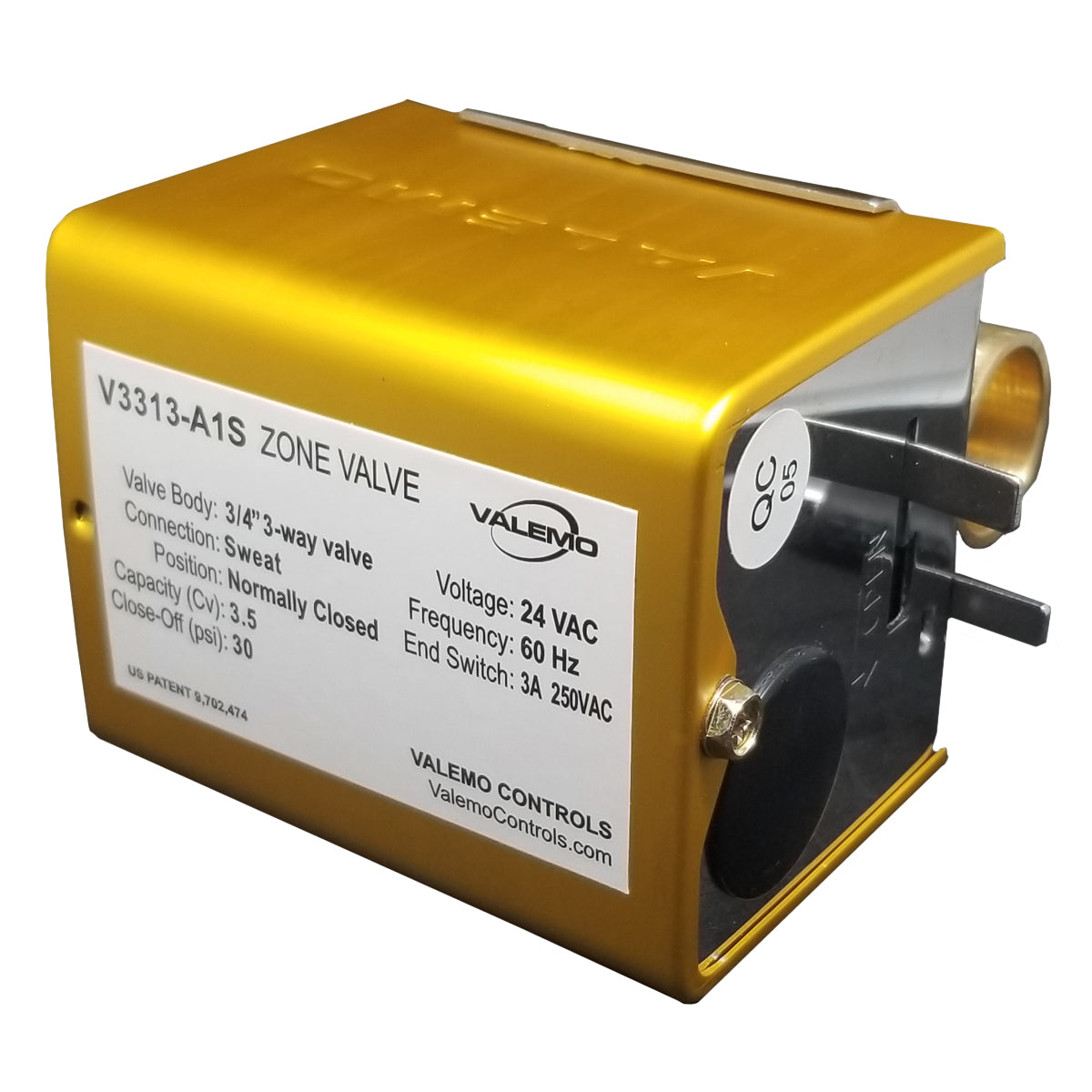 CASE of (12) V3313-A1S Motorized Zone Valve, 3-way, 3/4" Sweat, 24 VAC with End Switch